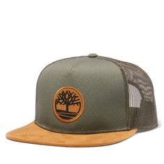 With a breathable mesh back, cotton sweatband, and snap closure, these trucker hats sport a faux-suede tree logo patch and are perfect for summer. | Timberland Faux Suede-Brim Trucker Hat Grape Leaf Dope Hats, Mens Trucker Hat, Black Grapes, Tree Logo, Grape Leaf, Suede Flats, Timberland Mens, Women Men Shoes, Brim Hat