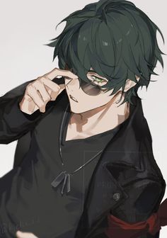 an anime character with green hair and black shirt, holding his hand to his ear