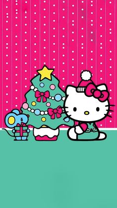 a hello kitty wallpaper with a christmas tree