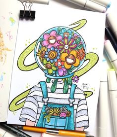 a drawing of a person holding a bouquet of flowers in front of some markers and pens