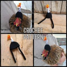 crochet chicken hat with feathers on it's head