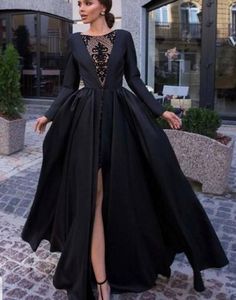 Black Satin Prom Dress, Black Evening Dress, A Line Prom Dresses, Black Evening Dresses, Satin Prom Dress, Long Prom Dress, Prom Dresses Long, Long Sleeve Lace