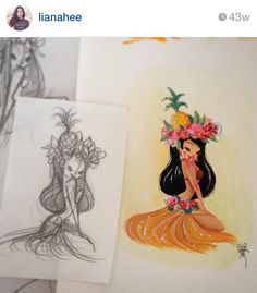 some drawings are shown on top of each other, and one has a flower in her hair