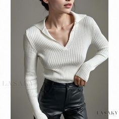 Lasaky - Stylish and Fitted Knitted Sweater with Ribbed Details Long Sleeve Knitted Top, Rib Knit Top, Cozy Tops, Crewneck Design, Slim Fit Polo, Clothing Catalog, Women Sweaters, Chic Sweaters, Ribbed Knit Top