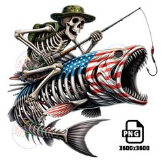 a skeleton fishing with an american flag fish