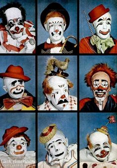 nine clowns with different facial expressions and haircuts on their faces are shown in this collage