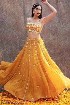 Yellow Color Haldi Lehenga Haldi Mirror Work Lehenga, Mirror Work Yellow Lehenga, Mirror Work Lahenga Design, Yellow Sequin Lehenga, Mirror Work Haldi Outfit, Mirror Work Outfits, Mirror Lehenga Designs, Haldi Outfits For Bridesmaid, Lehenga Mirror Work