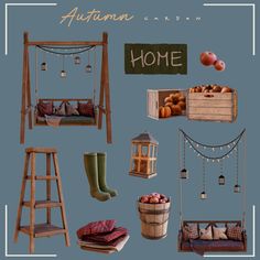 an assortment of items displayed on a blue background with the words autumn written above them