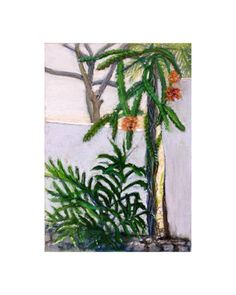 a painting of a palm tree in front of a white wall with orange flowers on it