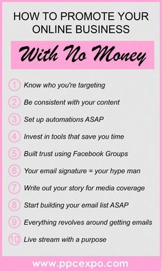 a pink poster with the words how to promote your online business with no money on it