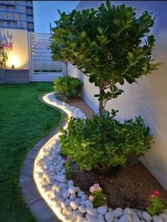 a small garden with rocks and plants on the side of a building at night time