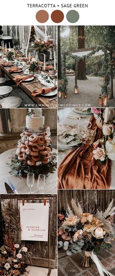 a collage of photos showing different types of desserts and food on display at an outdoor wedding reception