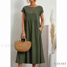 Lasaky - Solid Color Sleeveless Loose Linen Cotton Dress with Pockets Summer Dresses Knee Length, Boho Midi Dress, A Line Shorts, Women's Robe, Round Neck Dresses, Vestidos Vintage, Loose Outfit, Vestido Casual, Aaliyah