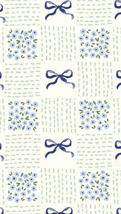 a blue and white flower pattern with a bow on the front, in an off - white background