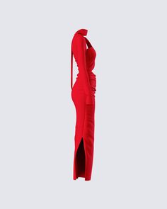 CAUTION: hawt!! 🔥 Set their hearts ablaze in this red midi dress made from stretch jersey fabric, and complete with a one sleeve design, an asymmetrical hemline, cutouts, and a sleek bodycon fit ❤️ Fitted Asymmetrical Midi Dress With Cutout, Asymmetrical Bodycon Dress With Cutout, Asymmetrical Cutout Bodycon Dress, Red Maxi Dress With Asymmetrical Neckline For Party, Asymmetrical Neckline Bodycon Dress With Cutout, Bodycon Dress With Cutout And Asymmetrical Neckline, Cutout Bodycon Dress With Asymmetrical Neckline, Red Midi Dress With Side Slits For Party, Red Maxi Dress With Side Slits For Night Out