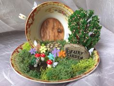 there is a bowl that has plants in it and a small door on the inside