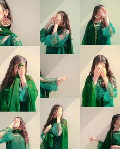 a woman in green poses with her hands on her face