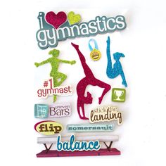 3D scrapbook stickers featuring colorful, glitter silhouettes of gymnasts. Balance Beam, Paper House, 3d Stickers, Beautiful Greeting Cards, Aesthetic Stickers, Growing Old, Scrapbook Stickers, School Projects, Paper Background