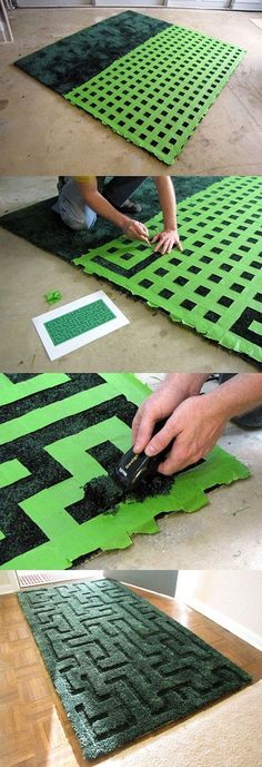 the process of making rugs is being made with foam and rubber strips, which are laid on top of each other