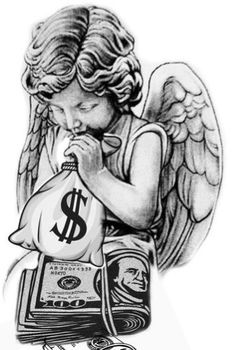 an angel holding a bag with money in it and the words $ 5 on it