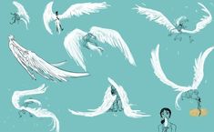 an image of some white angel wings on a light blue background, set of various poses