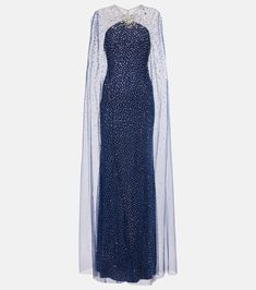 Embellished caped Mabel gown in blue - Jenny Packham | Mytheresa Caped Gown, Greek Gods And Goddesses, Embellished Neckline, Jenny Packham, Online Sale, New Season, Designing Women, Ball Gowns, Cape