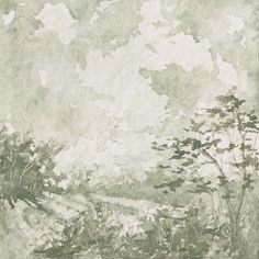 an old painting with trees and clouds in the background