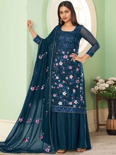 Blue Kameez, Blue Colour Suit, Modest Evening Dress, Palazzo Style, Georgette Tops, Teal Blue Color, Palazzo Suit, Salwar Kamiz, Teal Fabric