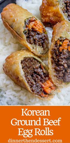 korean ground beef egg rolls on top of rice