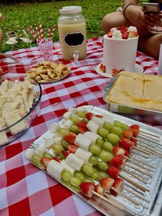 a table topped with lots of food on top of a red and white checkered table cloth