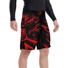 Spartan Red Fight Shorts Red Bottoms With Built-in Shorts For Sports Events, Fitted Red Bottoms For Sports Events, Red Breathable Gym Shorts, Black Moisture-wicking Athletic Shorts For Surfing, Moisture-wicking Black Athletic Shorts For Surfing, Breathable Red Sports Shorts, Red Breathable Gym Bottoms, Functional Red Athletic Shorts, Breathable Red Bottoms For Gym