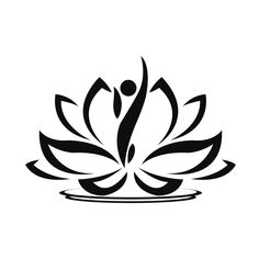 black and white illustration of a man doing yoga on a lotus flower with water droplets