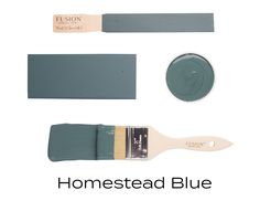 some blue paint with the words homesead blue on it and an image of a brush