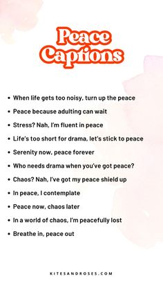 a poster with the words peace captions written in orange and pink watercolors