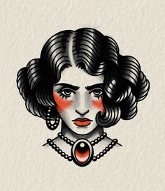 a drawing of a woman's face with red eyes and black hair, wearing a necklace