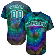 tie dye baseball jersey with the number 00 on it and name in blue, green, purple