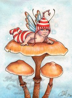 a drawing of a fairy sitting on top of a mushroom