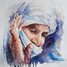 a watercolor painting of an old woman holding her hands up