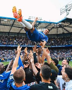 a soccer player is thrown into the air by his team mates