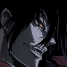 an anime character with long black hair and red eyes looking to his left, while staring at the camera