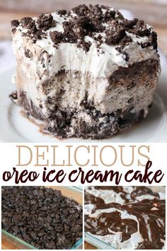 delicious oreo ice cream cake with chocolate chips on top and the words delicious written below