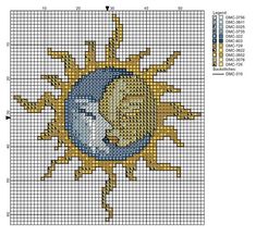 the sun and moon cross stitch pattern is shown in blue, yellow and white colors