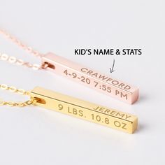 "A gorgeous silver necklace, personalised with your chosen name / date / text / kid's stats, making a perfect gift for a new mom ► PRODUCT INFORMATION * Material: Solid 925 Sterling Silver * Finishing: Silver - Yellow Gold - Rose Gold * Necklace length: Up to 24 inches (excluding pendant's length) * Character limits: 11 characters/side * By default, silver items comes with BLACK engraving and gold-plated item comes with CLEAR engraving * All of our jewelry are handmade from scratch and packaged Minimalist Customizable Charm Necklace For Birthday, Personalized Rectangular Necklaces For Birthday, Rectangular Name Jewelry For Birthday, Minimalist Engraved Name Necklace For Birthday, Rectangular Name Necklace For Birthday Gift, Personalized Rectangular Necklace For Birthday, Birthday Rectangular Name Jewelry, Personalized Name Necklace Birthday Gift, Personalized Minimalist Name Necklace For Birthday