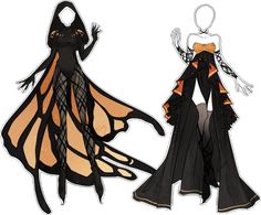 two paper dolls are shown in black and orange