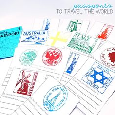 passport stamps with the words passport to travel the world on them