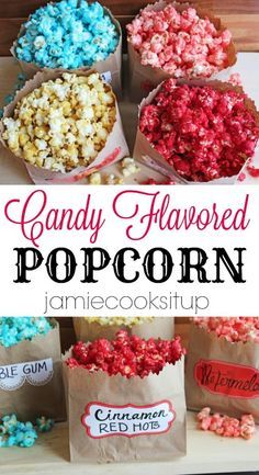 candy - flavored popcorn in brown paper bags