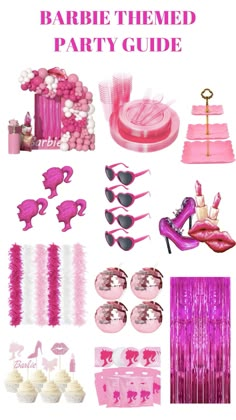 barbie party supplies including pink and white decorations