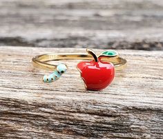 Apple & Worm Ring. Adjustable. Gift For Birthday, Christmas, Gifts For Her, Gift For Mom, Kids by TreeTownPaper on Etsy Cute Red Ring For Gift, Cute Red Ring As Gift, Fun Handmade Rings For Gifts, Fun Handmade Rings As Gifts, Handmade Fun Rings As Gifts, Adjustable Fun Rings For Gifts, Red Novelty Jewelry For Birthday, Cherry Blossom Ring, Hummingbird Jewelry