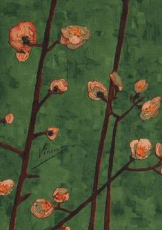 a painting of pink flowers on a green background