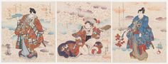 three paintings of women in traditional japanese costumes